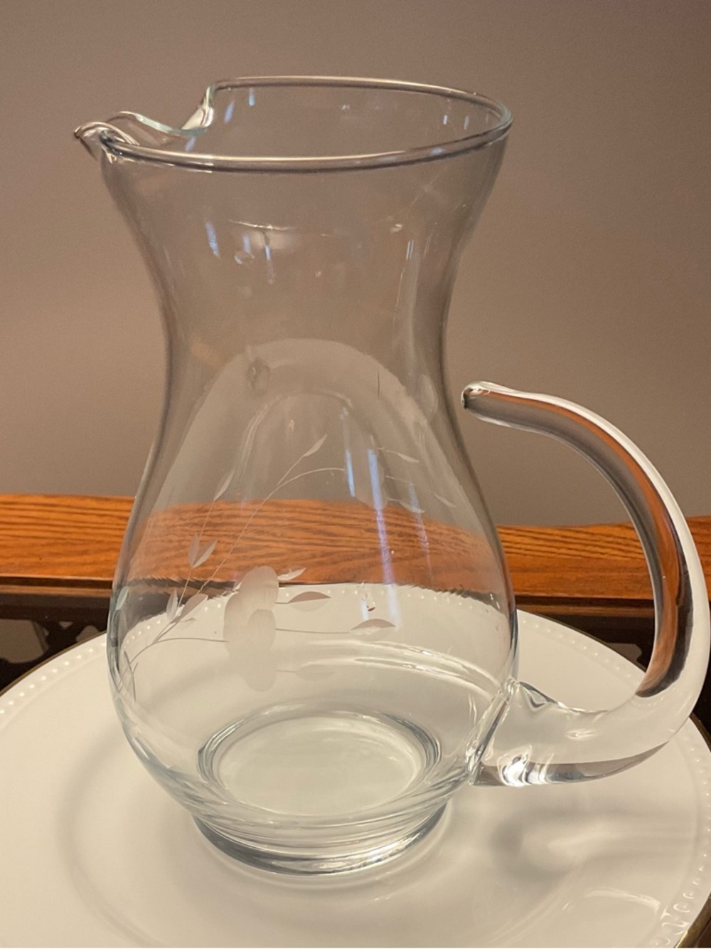 Crystal Etched Beverage Pitcher with Floral Motif
